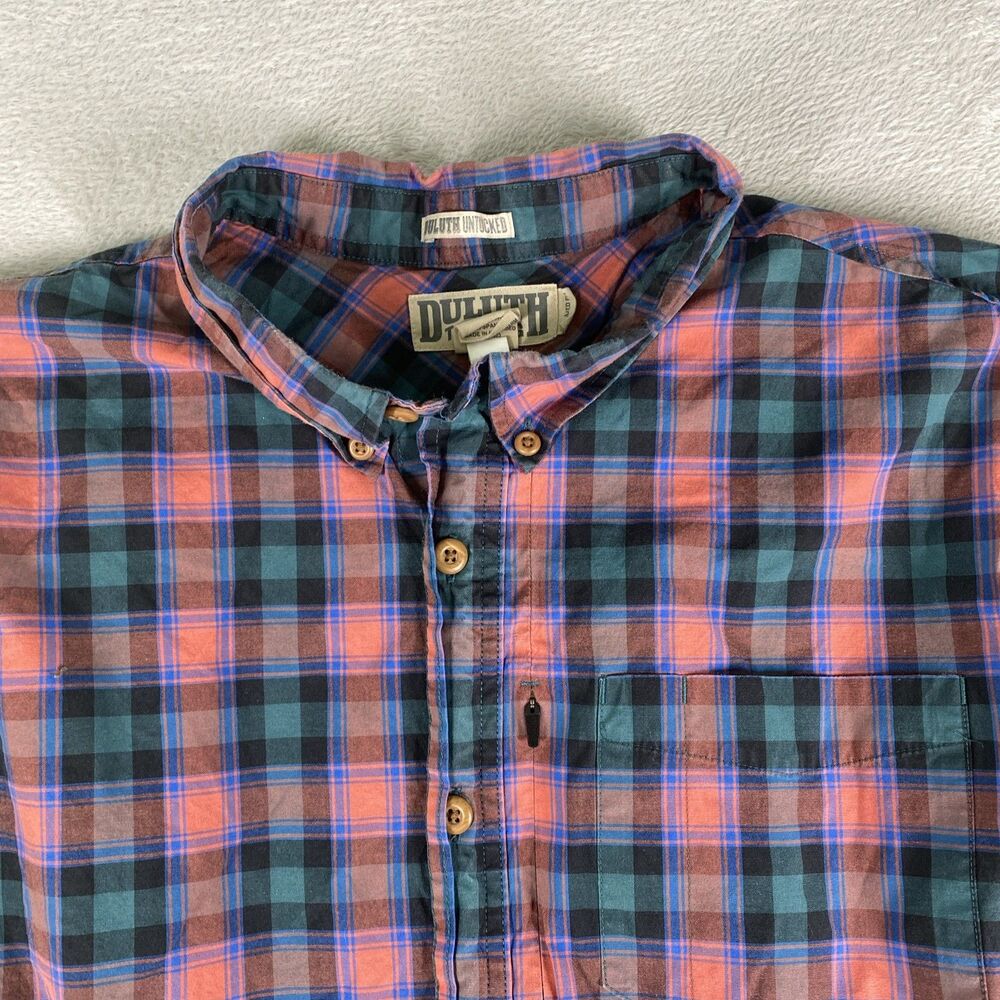 Duluth Untucked Button Down Shirt Men's XL Blue Plaid Relaxed Fit Long Sleeve